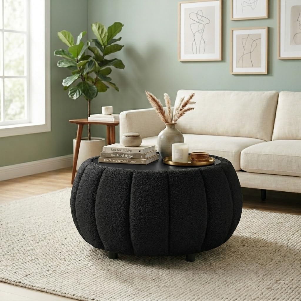Ottoman Coffee Table for Living Room, Wooden Top Large Storage Ottoman, 30 Inches Round Coffee Table, Pumpkin Shaped Side Table, Multifunctional Teddy Fabric Footstool (Black)