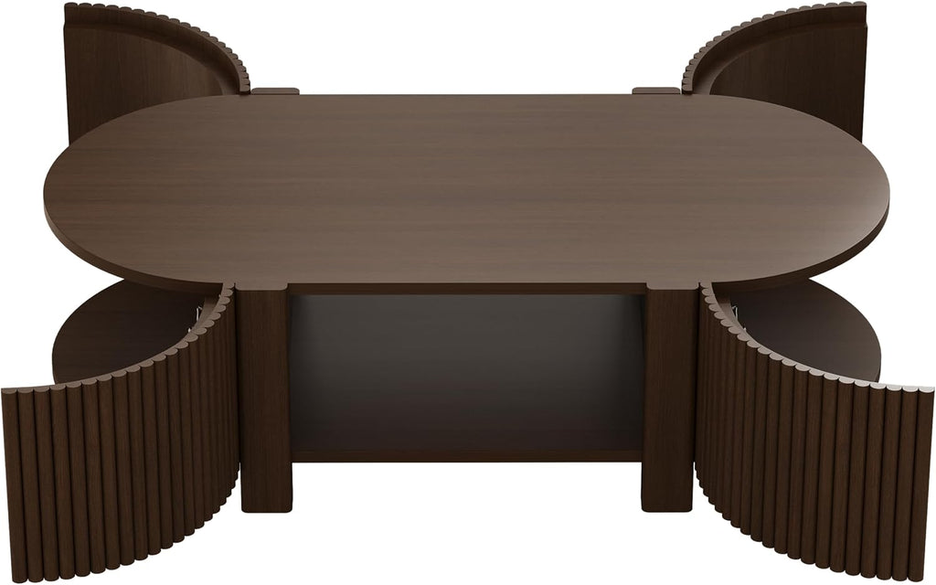 Oval Coffee Table with Storage, Fluted Coffee Table with Shelves and 2 Open Doors, Center Table for Living Room, Bedroom, Apartment or Office, Walnut