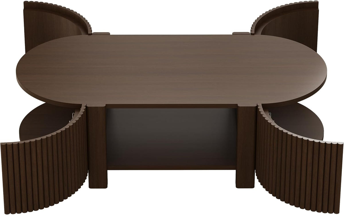 Oval Coffee Table with Storage, Fluted Coffee Table with Shelves and 2 Open Doors, Center Table for Living Room, Bedroom, Apartment or Office, Walnut