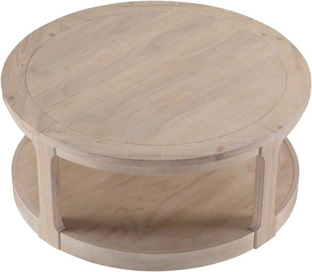 LKTART 40 Inch Round Coffee Tables for Living Room, Wood 2 Tier Circle Coffee Table with Wheels, Mid Century Large Center Table for Office, Apartment,Oak