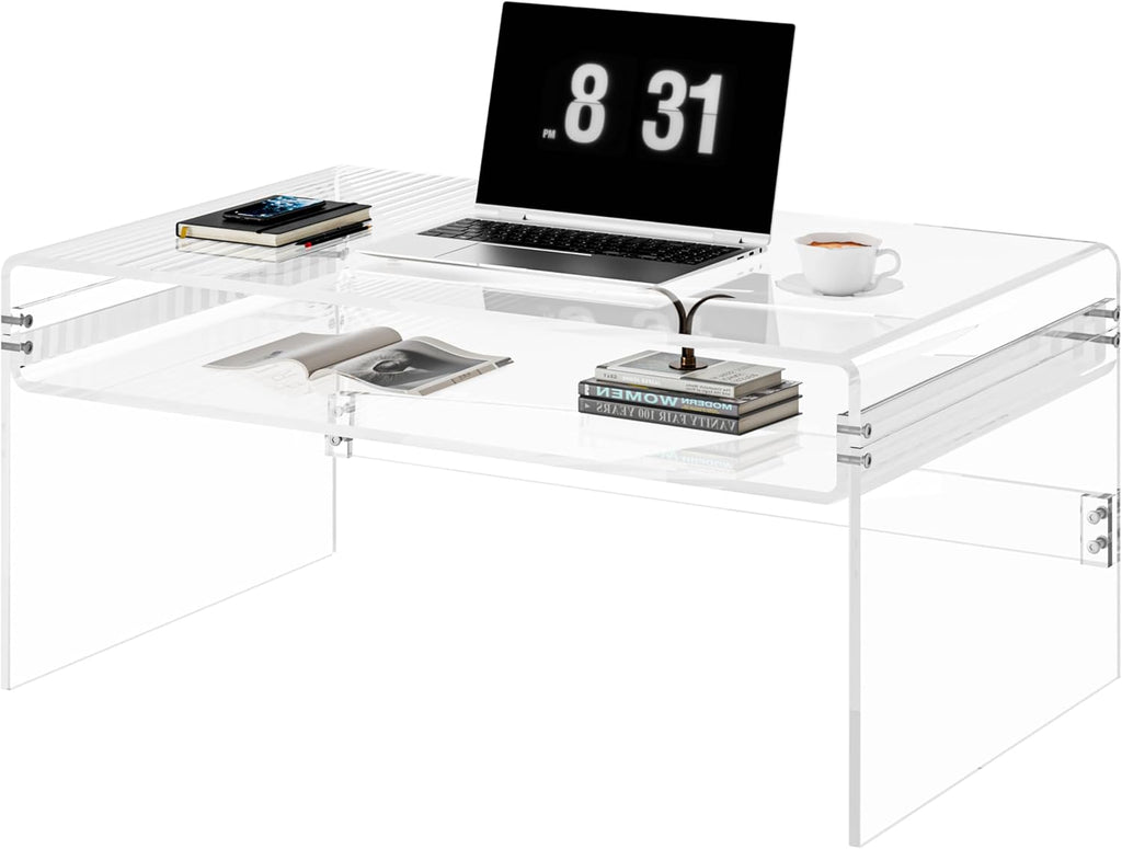 2-Tier Premium Acrylic Coffee Table, 31.5' D x 19.7' W x 15' H x 3/5'' Thick Clear Acrylic Coffee Table with Open Storage Shelf, Modern Clear Rectangle Coffee Table for Living Room, Office and Bedroom