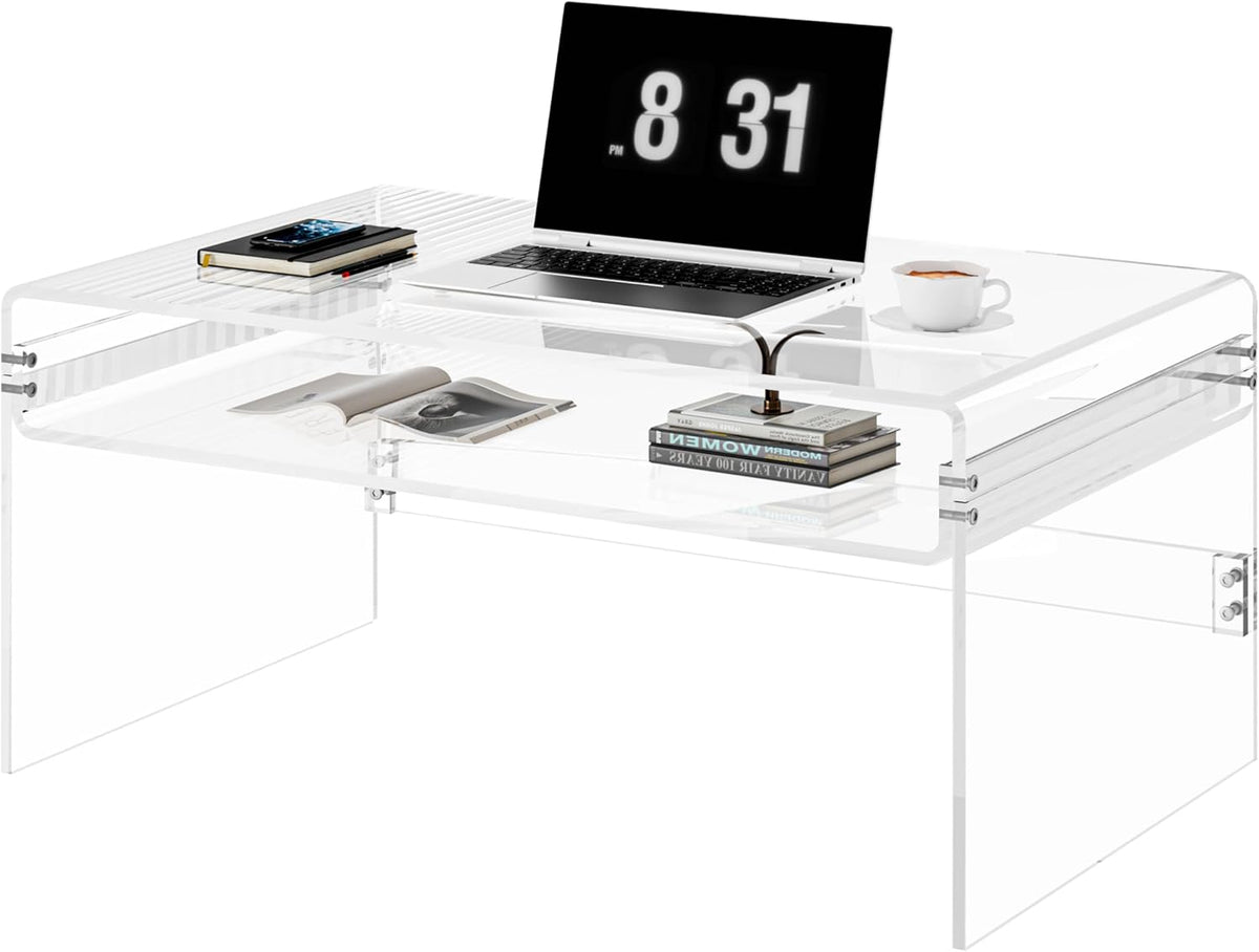 2-Tier Premium Acrylic Coffee Table, 31.5' D x 19.7' W x 15' H x 3/5'' Thick Clear Acrylic Coffee Table with Open Storage Shelf, Modern Clear Rectangle Coffee Table for Living Room, Office and Bedroom