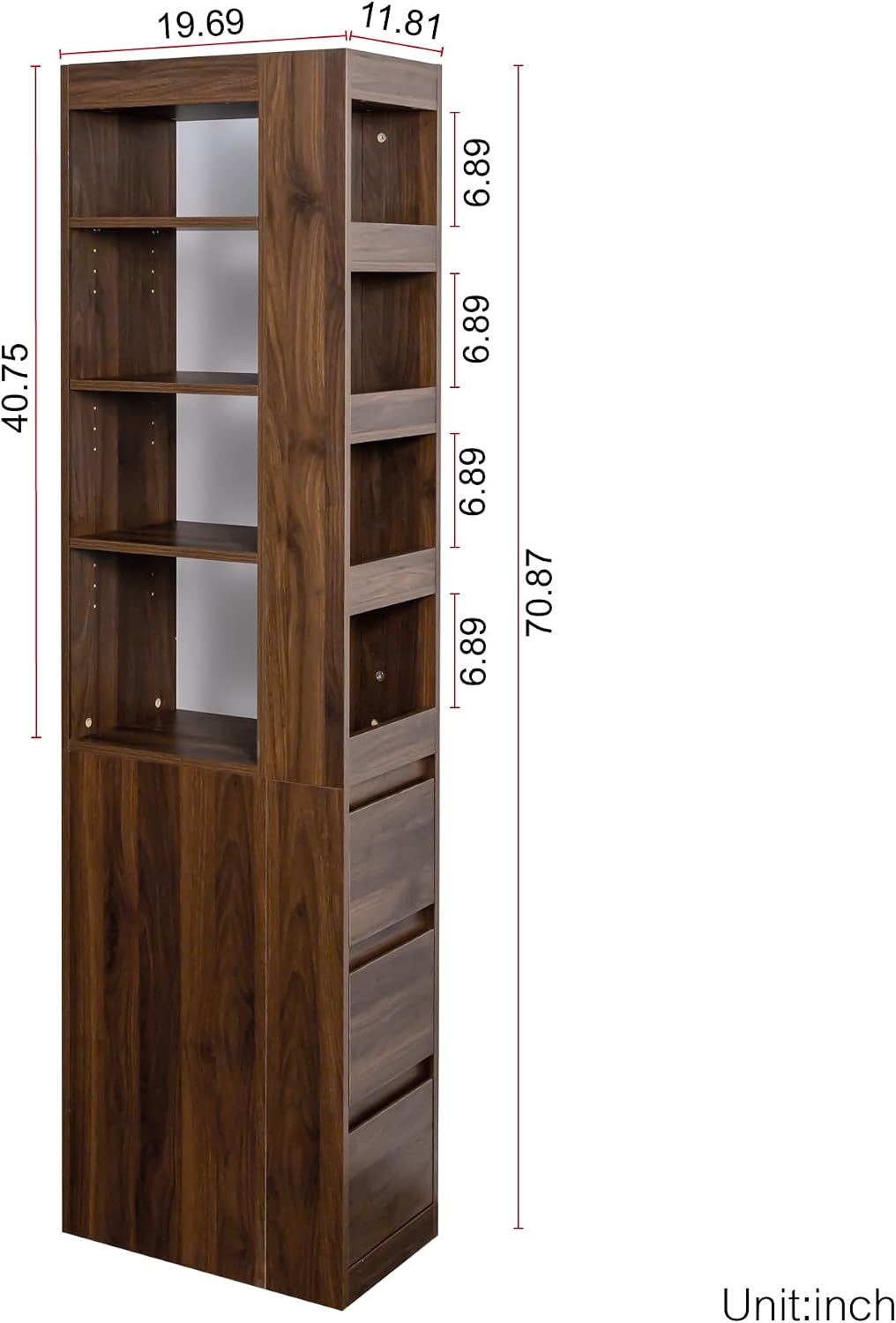 70.87' H Display Storage Cabinet, Narrow Wooden Corner Cabinet with 8-Tier Shelves and 3 Side Drawers, Tall Bookshelf and Bookcase for Living Room Home Office, Walnut