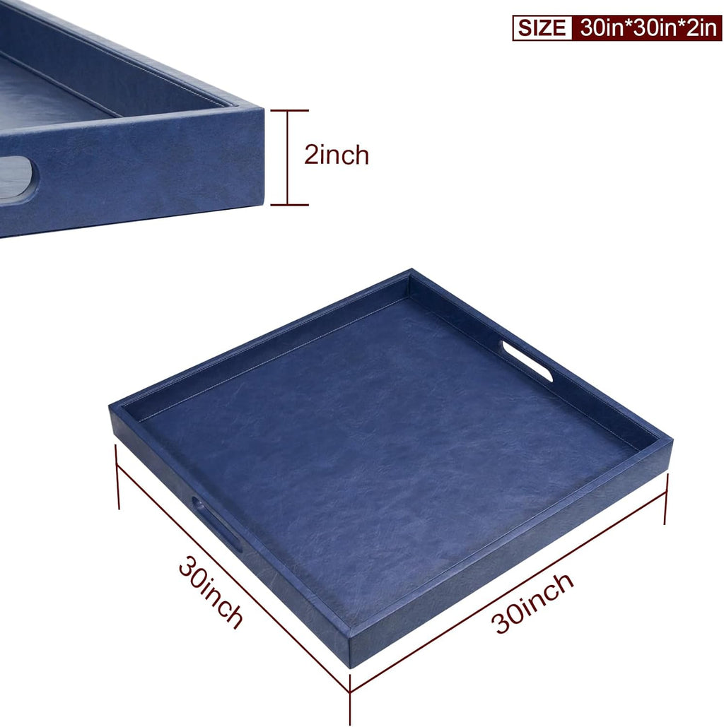 30 x 30 inches Leather Ottoman Serving Tray with Hole Handles, Square Extra Large Modern Service Tray for Living Room, Coffee Table, Bed, Tea, Food, Butler Countertop, Kitchen, Dinner, Picnic (Blue)
