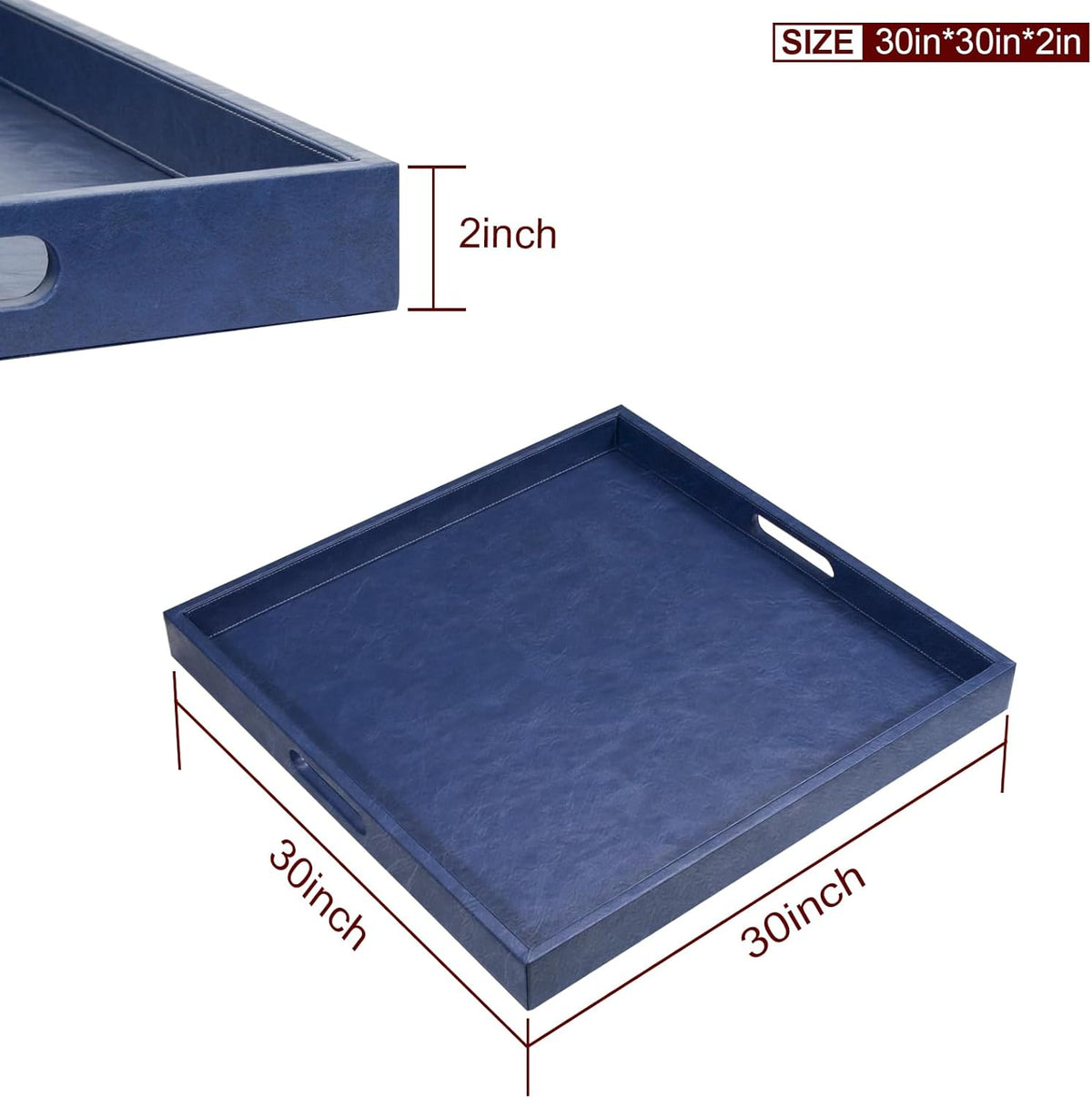 30 x 30 inches Leather Ottoman Serving Tray with Hole Handles, Square Extra Large Modern Service Tray for Living Room, Coffee Table, Bed, Tea, Food, Butler Countertop, Kitchen, Dinner, Picnic (Blue)