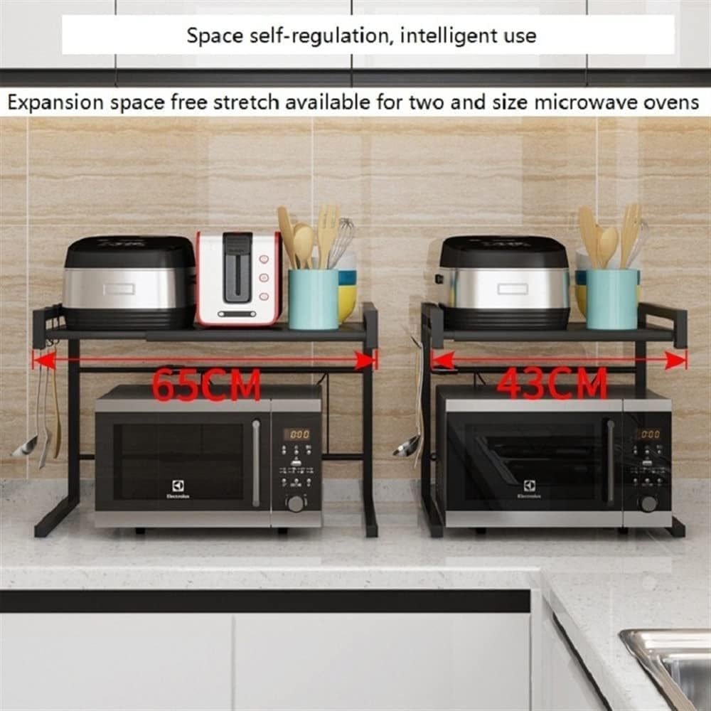 Microwave Stand Extendable Microwave Oven Rack Adjustable Stand Kitchen Counter Shelf Organizer with 3 Hooks Storage