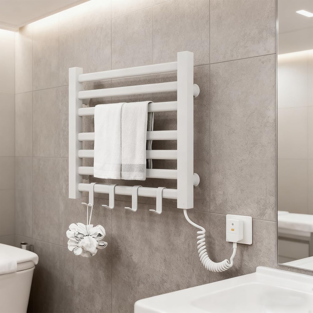 Heated Towel Rack Wall Mounted, Towel Warmers for Bathroom, 7 Bar Towel Warmer Rack with Hook, Plug in Heater, Electric Hot Towel Dryer, Rapid Heating,Multifunctional,White