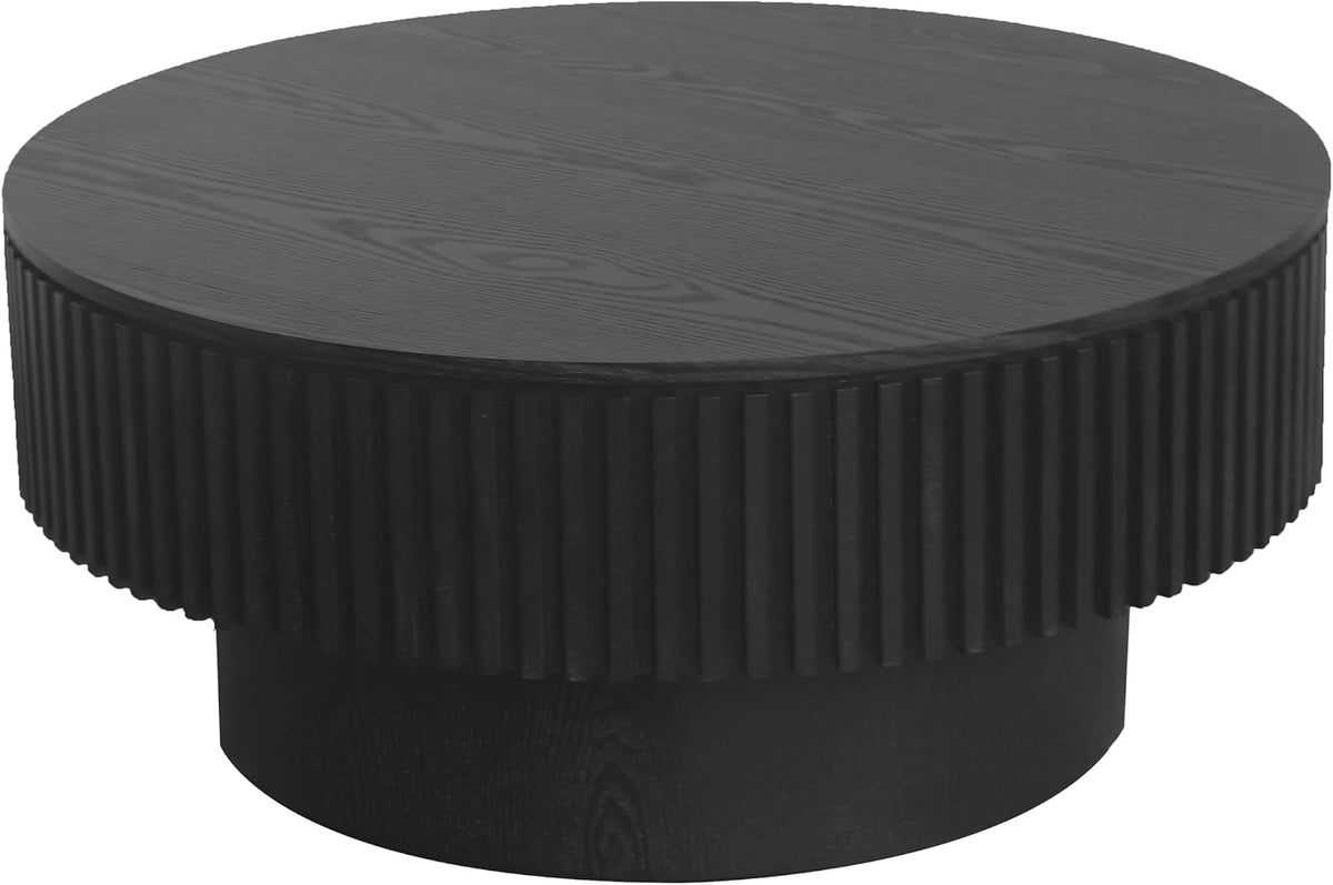 φ31.5 Round Coffee Table with Storage, Wood Veneered Pedestal End Table for Living Room, Modern Contemporary Circle Fluted Drum Side Table for Small Space - ø31.5' x 14'H Black