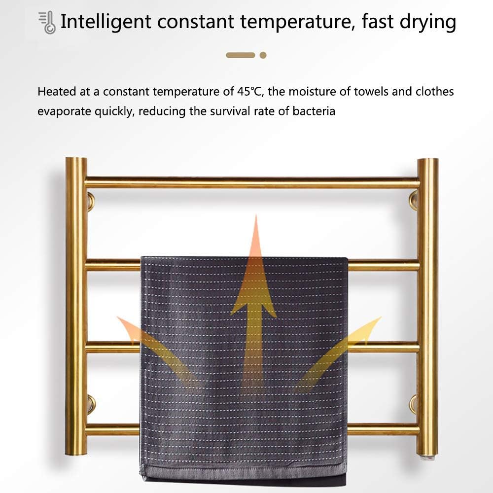 Towel Warmer, Gold Electric Heated Towel Rack Stainless Steel Electric Drying Rack Wall Mounted Bath Towel Heater with 4 Bars Clothes Airer Dryer for Bathroom, 45×54×12cm,Ha(