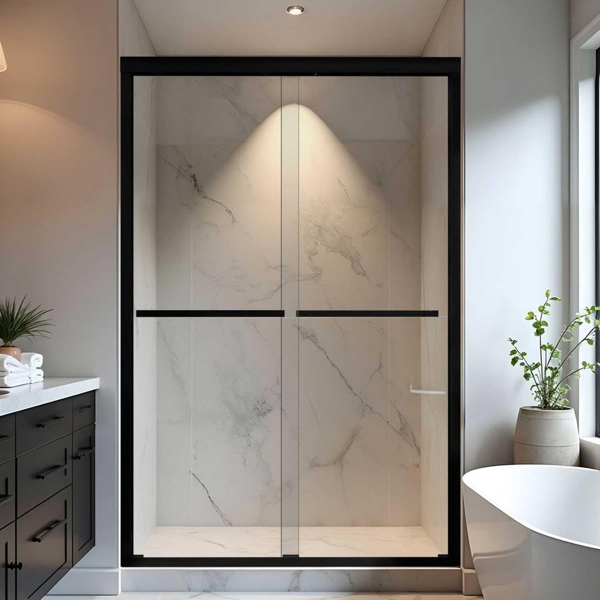Shower Door 44-48' W x 72' H, Semi-Frameless Sliding Glass Shower Door, 1/4' (6mm) SGCC Tempered Glass Bathroom Sliding Door, Matte Black Finish, 304 Stainless Steel Hardware