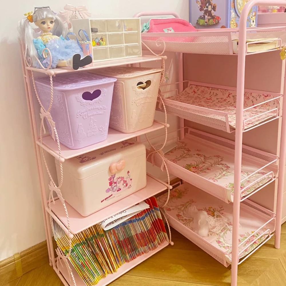 BOOMALTU Cute 4-Tier Folding Metal Shelving Bathroom Shelf,Pink Shelves Pink Bookshelf with Bow and Flowers Decor for Storage and Display in Living Room, Bathroom, Office, Kitchen