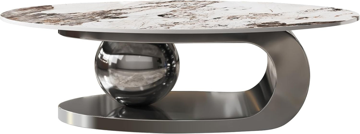 49.2' Oval Coffee Table, Modern Faux Marble Coffee Tables with Sintered Stone Tabletop, Large Unique Tea Table with Stainless Steel Base for Living Room, Office, Bedroom