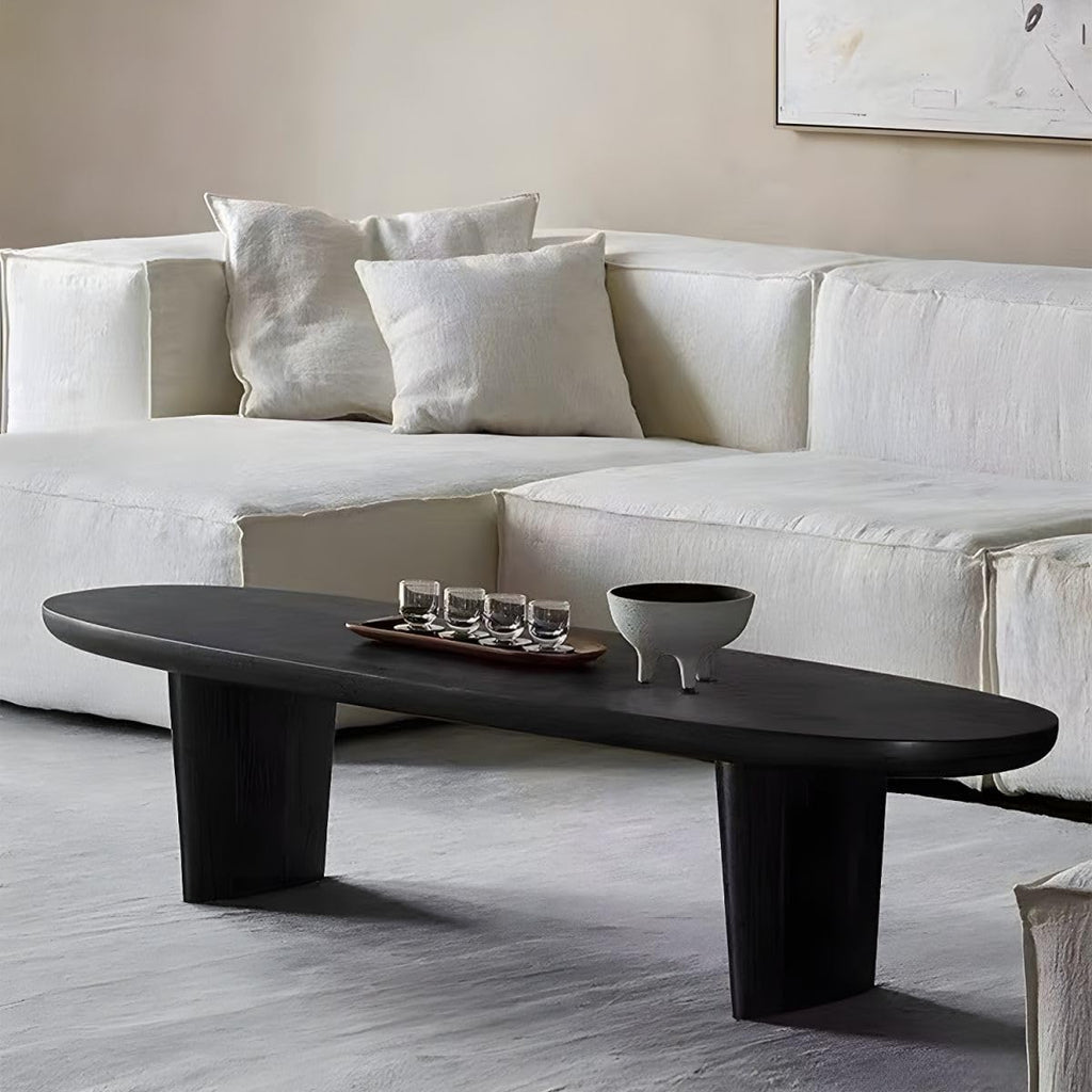 RUNNUP Black Wood Coffee Table Oval Modern Coffee Table Accent Center Sofa Table Cocktail Center Table for Small Apartment Living Room Easy Assembly, 59' L x 19' W x 16' H