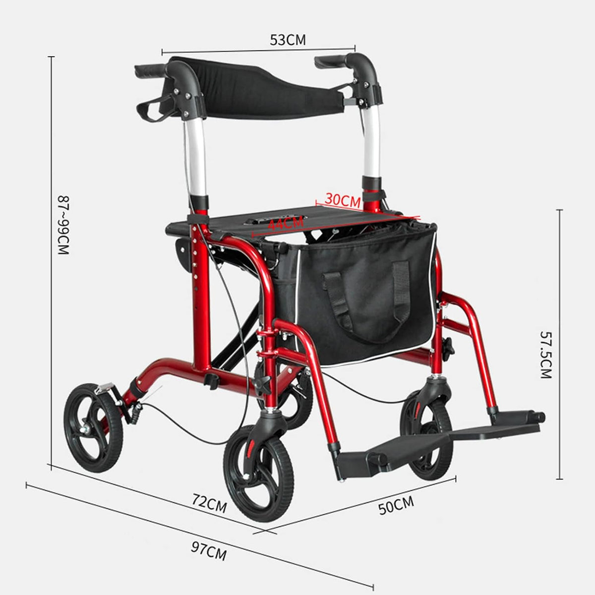 Mobility Walker for Seniors Lightweight Wheel Rollator, Folding Four Wheel Mobility Walker Disability Aids with Seat,Back Support, Basket, Carry Bag,Red