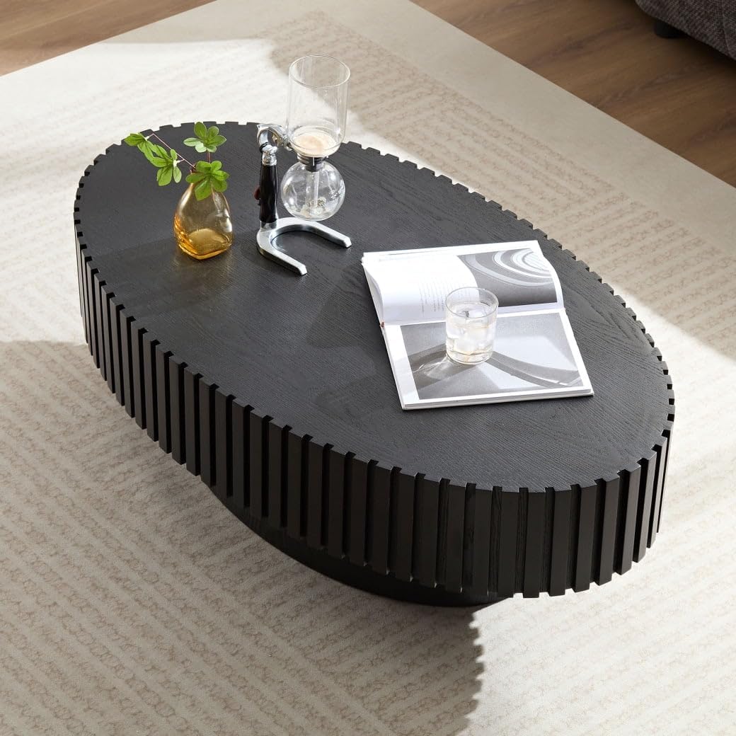 Oval Drum Coffee Table 43.3'' Handcraft Fluted Coffee Table Modern Unique Circle Accent Center Table for Living Room with Sturdy Pedestal Gear Easy Assembly for Small Space,43' Oval Black