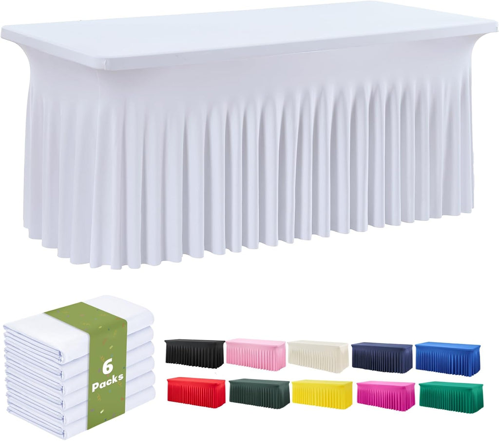 leegleri 6 Pack White Spandex Fitted Table Clothes for 8 Foot Rectangle Tables, Wrinkle Free 8ft Fitted Table Cover, Spandex Table Skirt for 8FT Rectangle Tables-for Banquet Weddings Parties