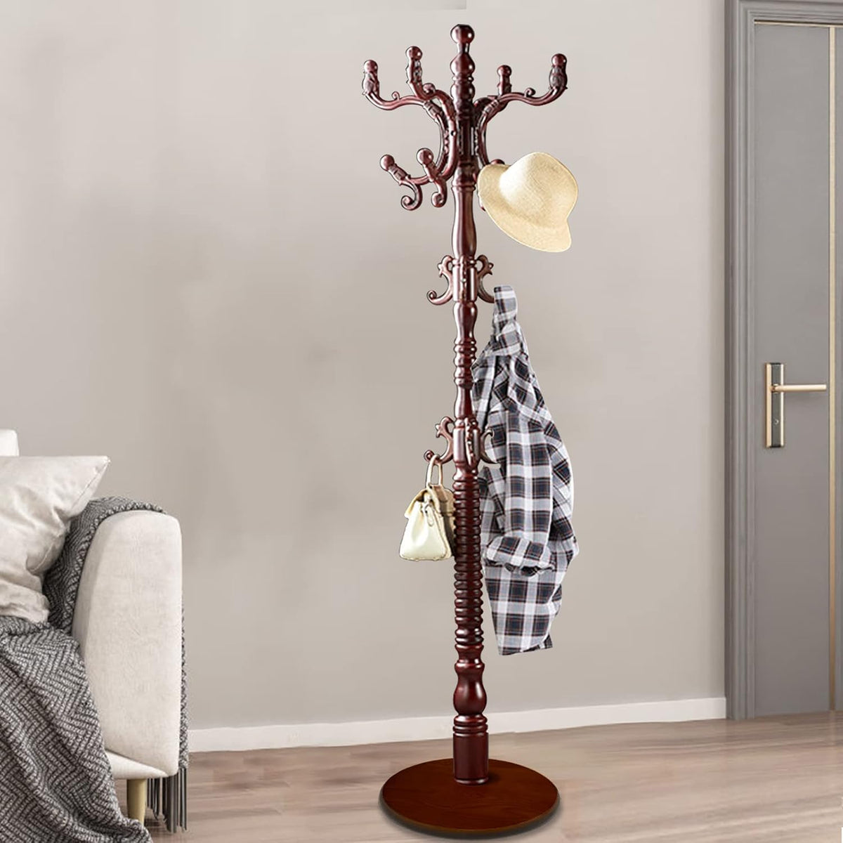 Standing Coat Rack Coat Tree Freestanding Wooden Coat Rack Modern Coat Racks Office Coat Stand for Hat Purse Corner Entryway (black red)
