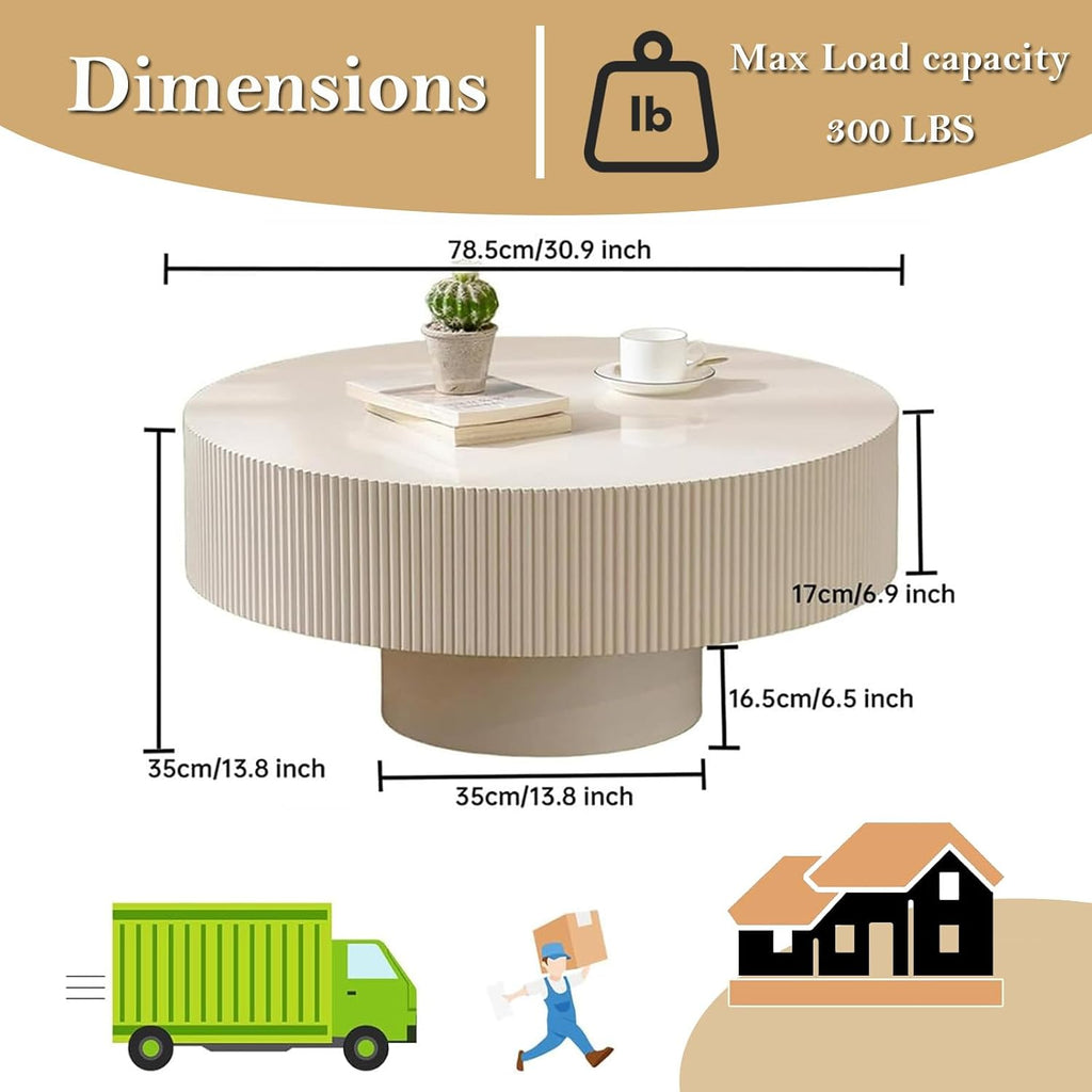 Round Drum Coffee Table 30.9'' Handcraft White Fluted Coffee Table with Sturdy Pedestal, Contemporary Style Small Accent Cocktail Center Tables for Living Room Office (C30.9in)