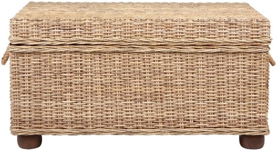 Pemberly Row Modern Kubu Wicker Rattan Storage Trunk, 37 in x 21.25 in x 19 in, Tan Finish, Handmade with Solid Mahogany Frame, Spacious Lift-Top Storage, Versatile Coffee Table for Living Room or