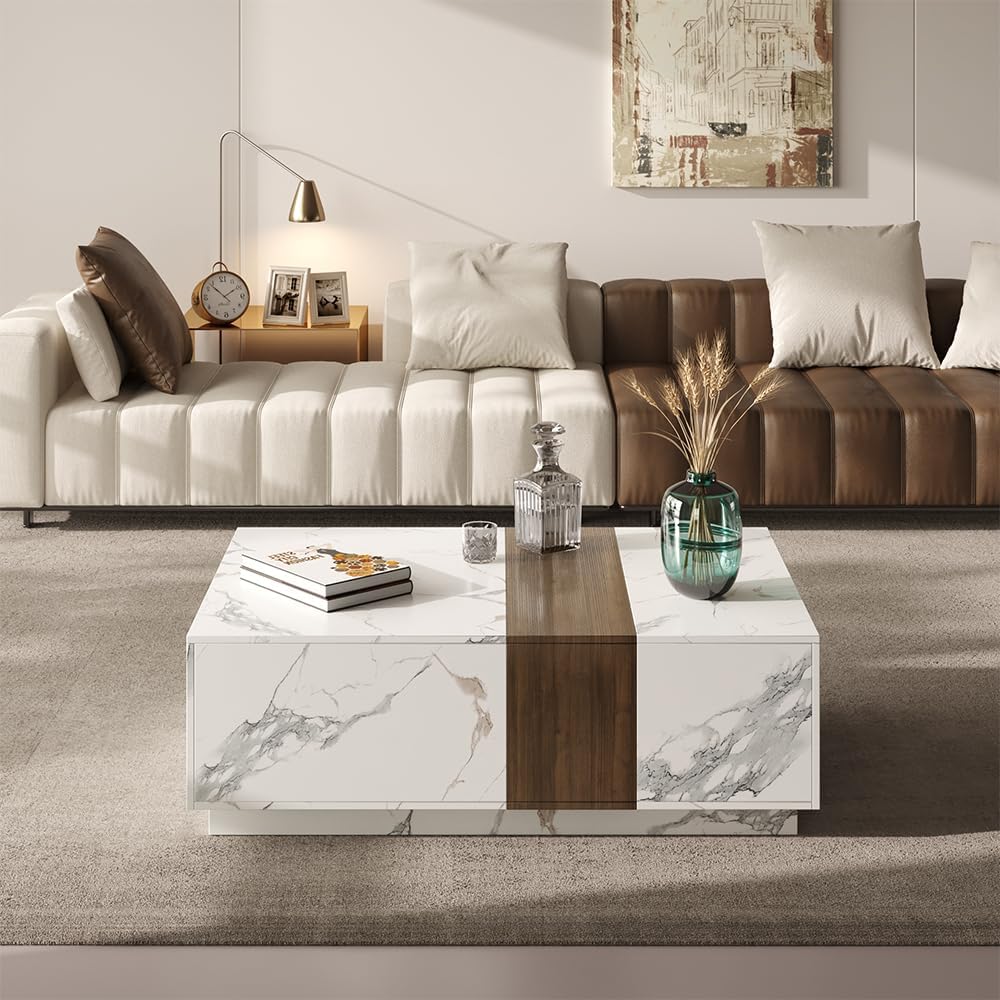 homary Marble & Walnut Coffee Table – Modern Block Design Living Room Center Table with 2 Storage Drawers, White Marble Veneer & Walnut Wood Veneer, Sturdy Base & Smooth Quiet Rails (White)