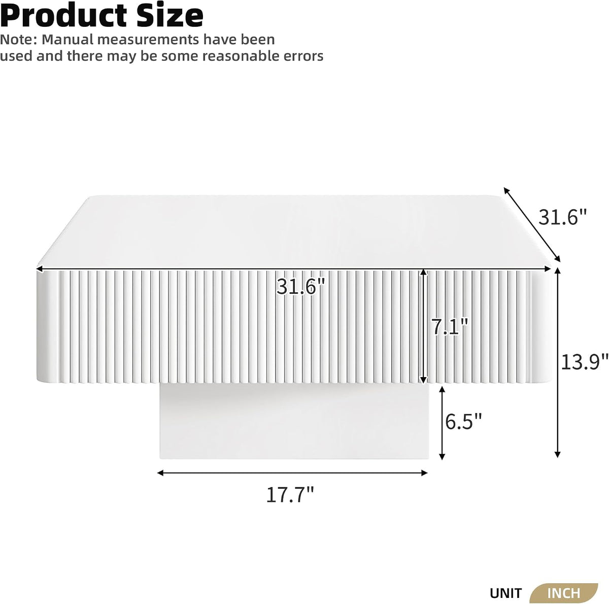 JUSTONE 31.6' Wide Square Coffee Table with 7.1' Thick Tabletop, Modern Black Fluted Drum Design, Sturdy Base Accent Table for Living Room, Easy Assembly(White