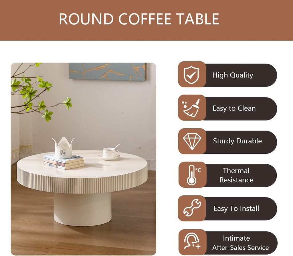 Round Coffee Table Farmhouse Coffee Table with Handcrafted Relief Circle Drum End Table for Apartment Living Room (White Thin)