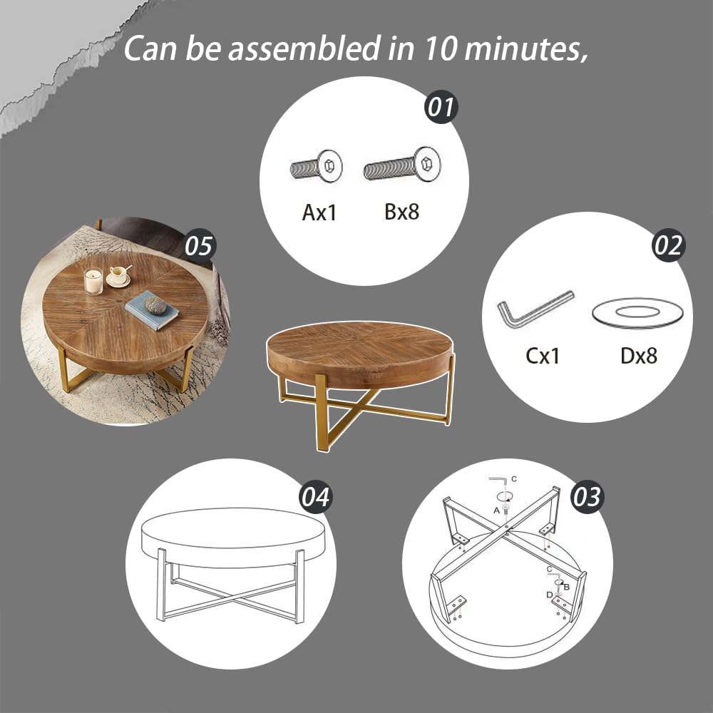 Gexpusm Round Wood Coffee Tables with Metal Leg, Farmhouse Circle Coffee Table for Living Room, Rustic Mid-Century Wooden Coffee Tables for Apartment, Easy Assembly(32' Dx32 Wx18 H)