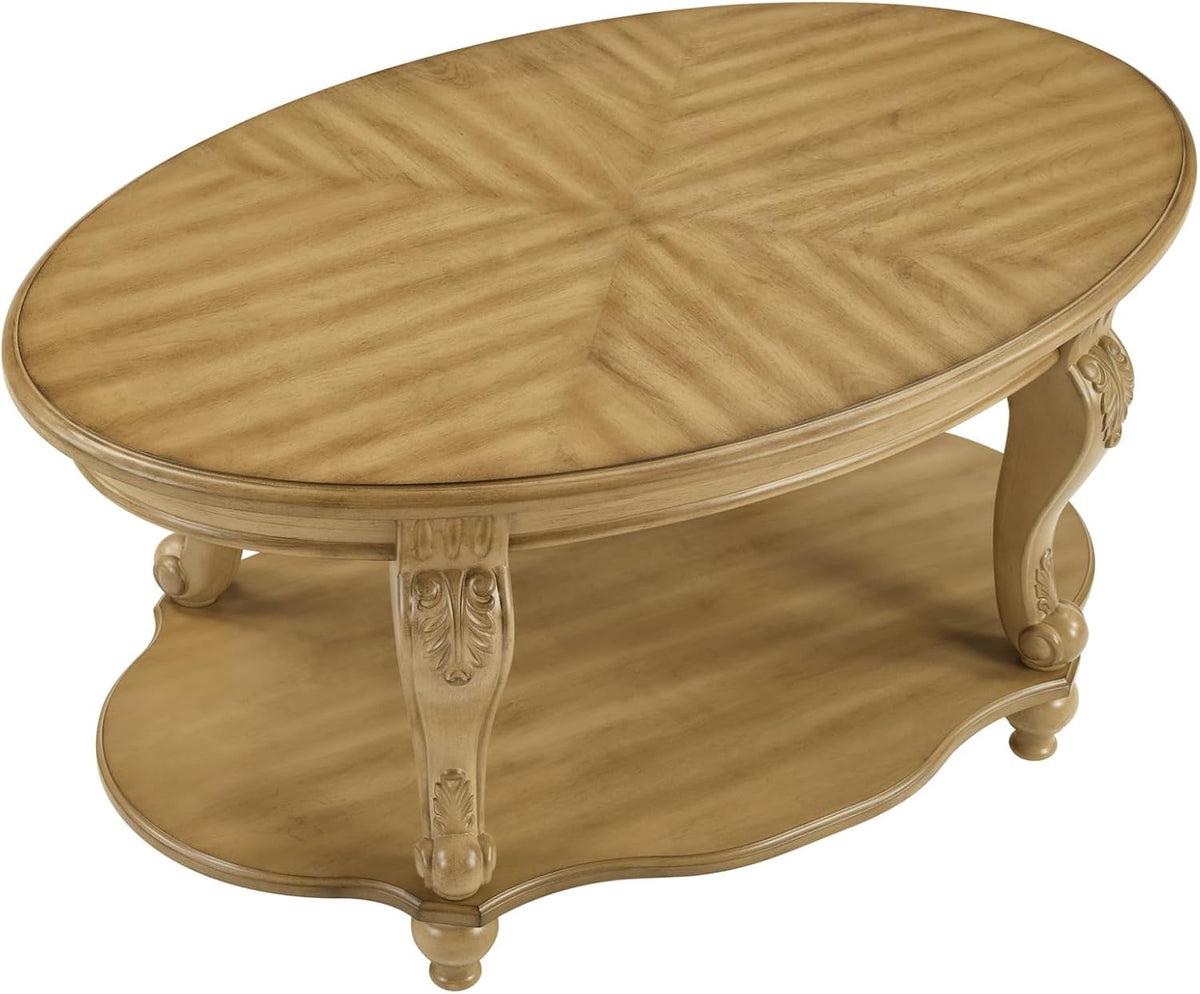 RuiSiSi 42' Oval Coffee Table for Living Room, Solid Wood 2-Tier Cocktail Table with Open Storage Shelf, Easy Assembly, Antique Natural