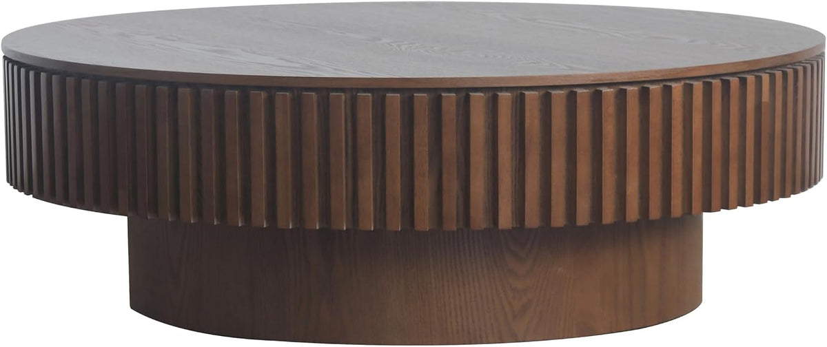 39.37' Round Wood Coffee Table,Modern Coffee Table with Storage for Living Room,Solid Wood Drum Coffee Table Circle Fluted Coffee Table Accent Side Table for Apartment,Office, Easy Assembly,Walnut