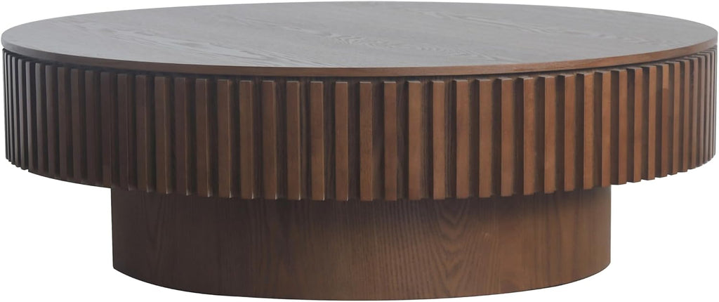 39' Round Coffee Table with Hidden Storage Compartment, Modern Handcraft Fluted Drum Coffee Table, Wooden Circle Center Table Cocktail Tea Table with Sturdy Pedestal for Living Room, Walnut