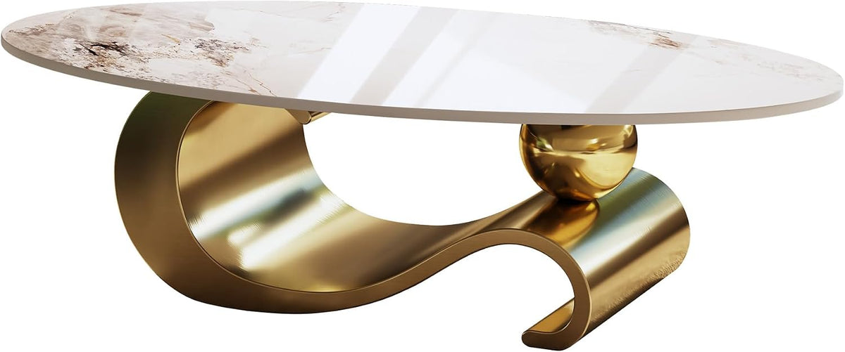 Oval Coffee Table with Sintered Stone Top, 49' Luxury Modern Center Table with Marble Pattern Table Top & Gold Stainless Steel Base, Easy to Clean Unique Furniture for Living Room, Office