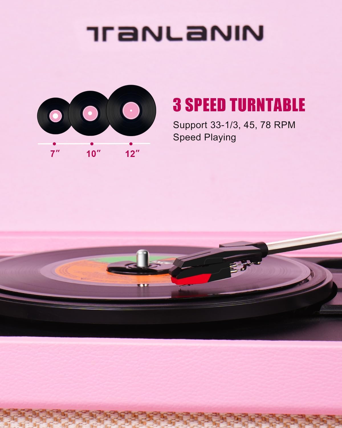 Vintage Standing Pink Vinyl Record Player with Detachable Legs, Built-in 4 Speakers, USB to PC Encoding, 33/45/78 RPM LP Player Bluetooth Retro Turntables Support Headphone Jack, RCA Out, AUX in