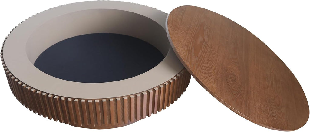 39' Round Coffee Table with Hidden Storage Compartment, Modern Handcraft Fluted Drum Coffee Table, Wooden Circle Center Table Cocktail Tea Table with Sturdy Pedestal for Living Room, Walnut