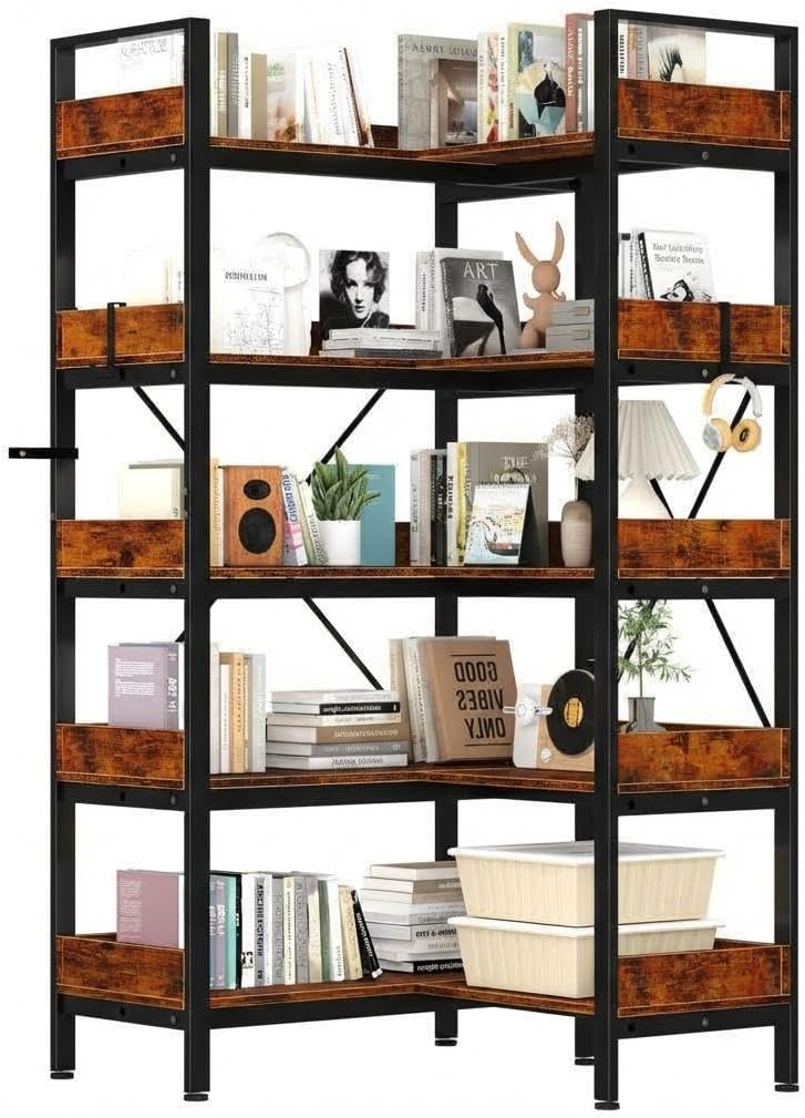 5 Tier Bookshelf, L-Shaped Reversible Corner Bookshelf with 4 Hooks, 65' Industrial Wooden Bookcase with Open Shelves and Metal Frame, Plant Stand and Storage Rack with Adjustable Feet for Living Room