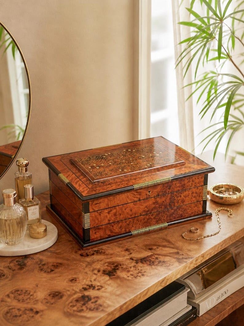 Hand Carved Wooden Box With lid Keepsake Box Storage Jewelry Decor Art Organizer Thuya Burl and Inlaid with Ebony and Mother of Pearl(Vintage Decorative Wood Box,)(Luxury Moroccan Wooden Box)