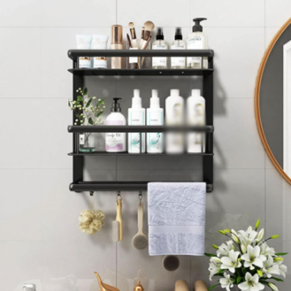 XTYPE Black Shelf Aluminum Shower Caddy Corner Shelves Bath Towel Rack Shampoo Holder with Towel Bar Hook Hair Dryer Holder