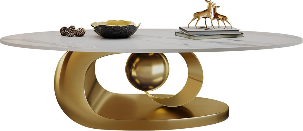Marble Grain Coffee Table with Gold Stainless Steel Pedestal,Modern Coffee Tables,Oval Living Room Table with Faux Marble Top & Luxury Legs,Sintered Stone Cocktail Center Table,49.20inch