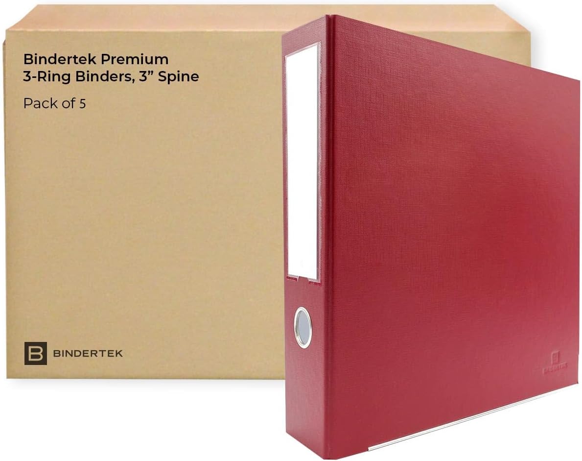 Bindertek 3-Ring Premium Binder, Pack of 5 - Brick Red, 3' Spine Width, 525 Sheet Capacity, 2' D-Rings, Linen-Textured Covers, Steel Reinforced Edges, Spine Label Included
