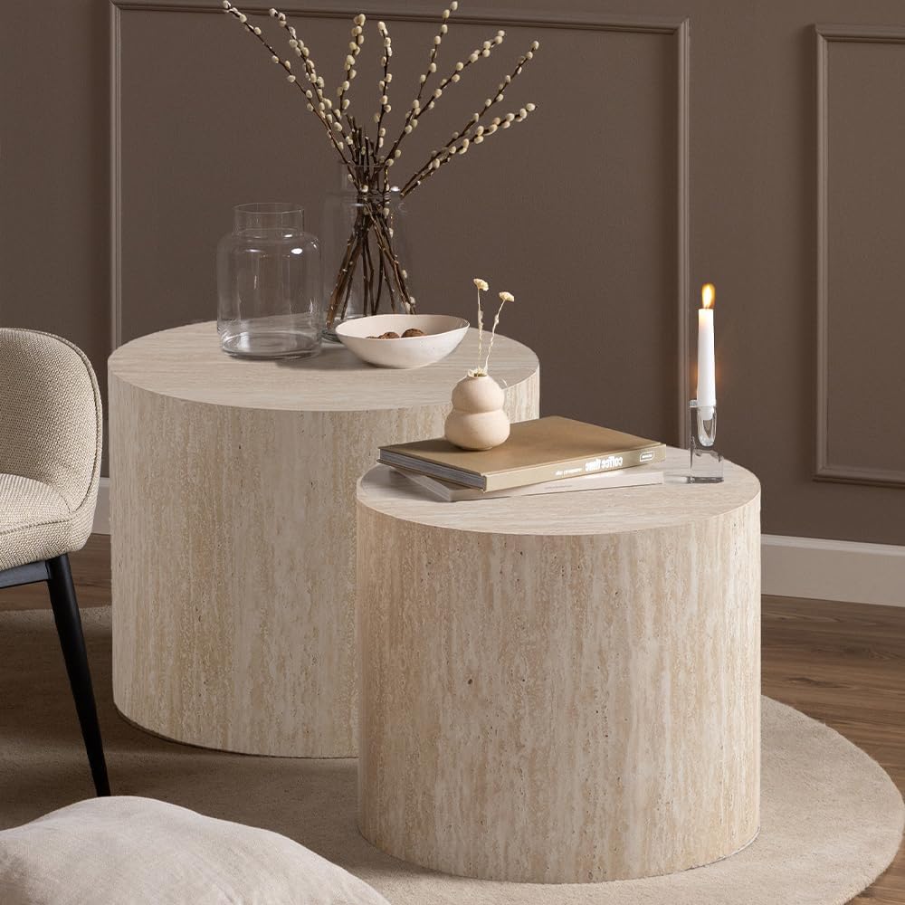 Round Nesting Coffee Table Set of 2 Modern Small Round Coffee Table Travertine Side Table Small End Table Circular Coffee Tables Circle Nested Coffee Tables for Living Room (Travertine)