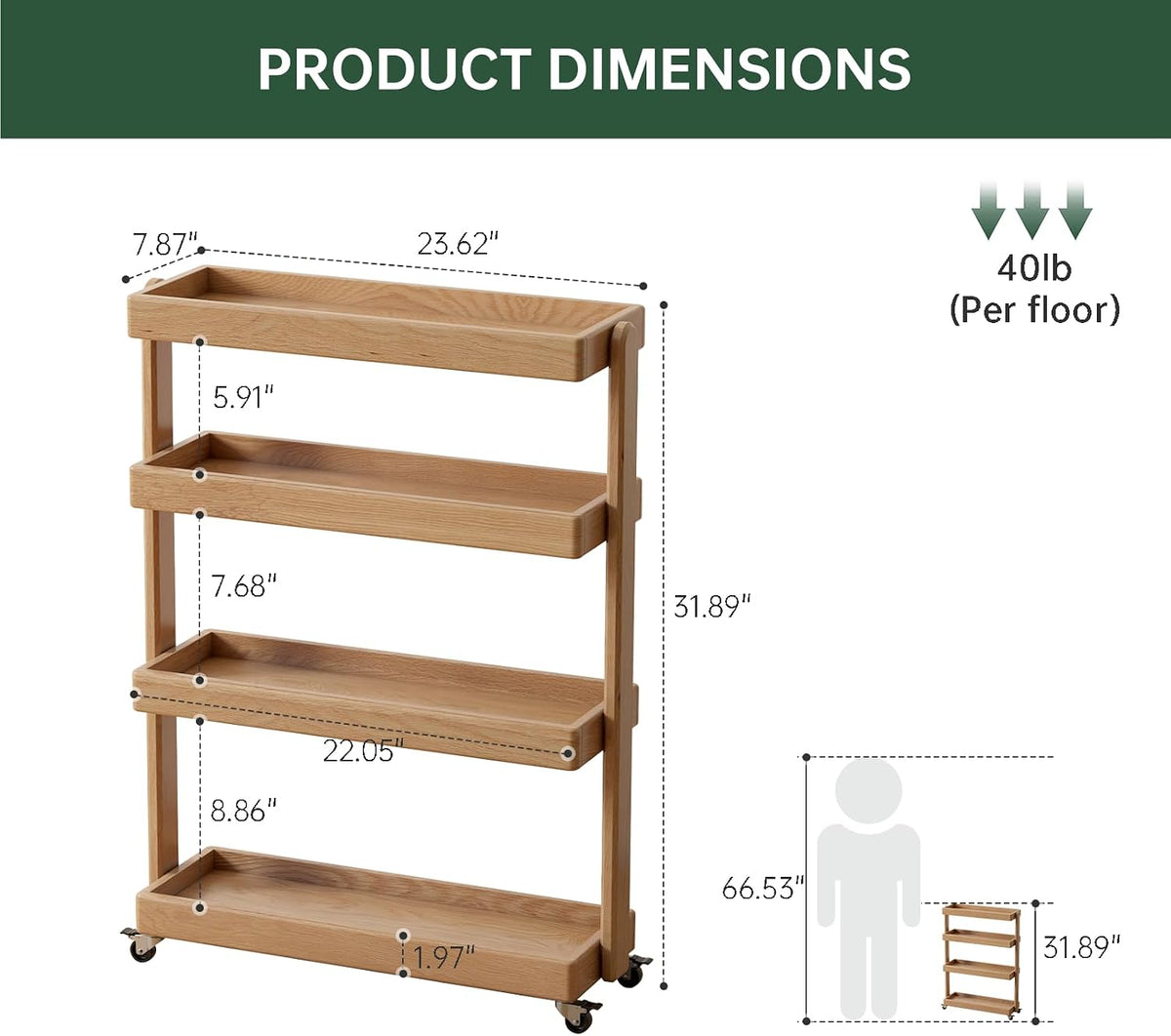 100% Solid Oak Art Storage Cart, 4-Tier Rolling Utility Cart with Wheels, Multifunctional Storage Trolley Shelving Unit on Wheels for Living Room Kitchen(Natural, 7.87' x 23.62' x 31.89')