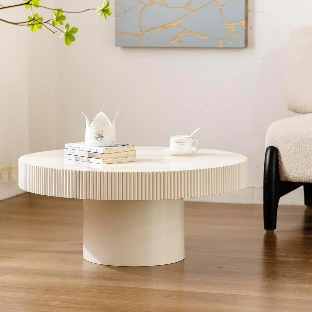 30.7'' Modern Fluted Round Coffee Table for Living Room, Drum Circle Coffee Table with Sturdy Pedestal, Small Round Center Table Contemporary Tea Table Funky Side Table for Apartmen,White,Fluted