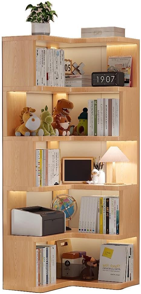 5-Tier L-Shaped Bookshelf, Wooden Tall Corner Shelf with Open Shelf Units, Decorative Display Storage Shelves for Living Room Bedroom Study Office, (Wood Grain)