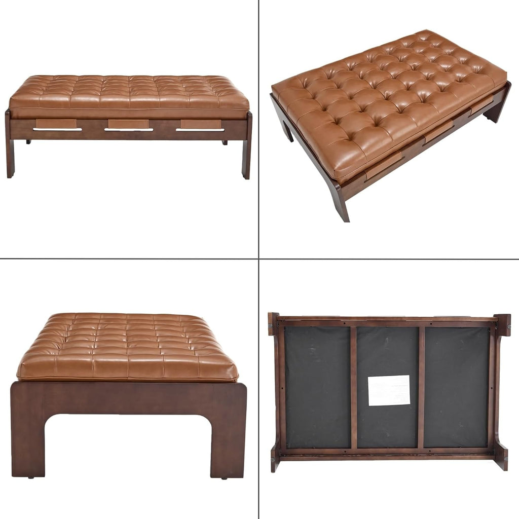 chairus 47.75' Large Rectangle Ottoman Coffee Table, Tufted Faux Leather Upholstered Living Room Coffee Table with Solid Wood Frame, Oversized Mid-Century Modern Footrest Ottoman, Brown PU