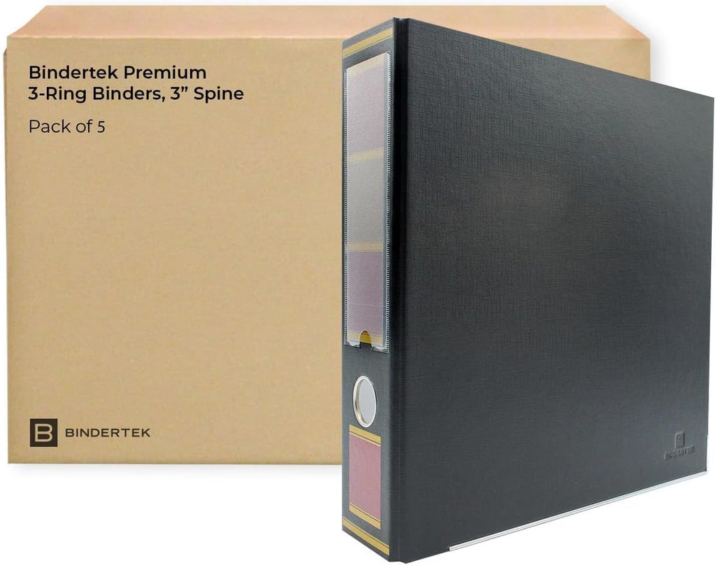 Bindertek 3-Ring Premium Binder, Pack of 5 - Barrister Black, 3' Spine Width, 525 Sheet Capacity, 2' D-Rings, Linen-Textured Covers, Steel Reinforced Edges, Spine Label Included