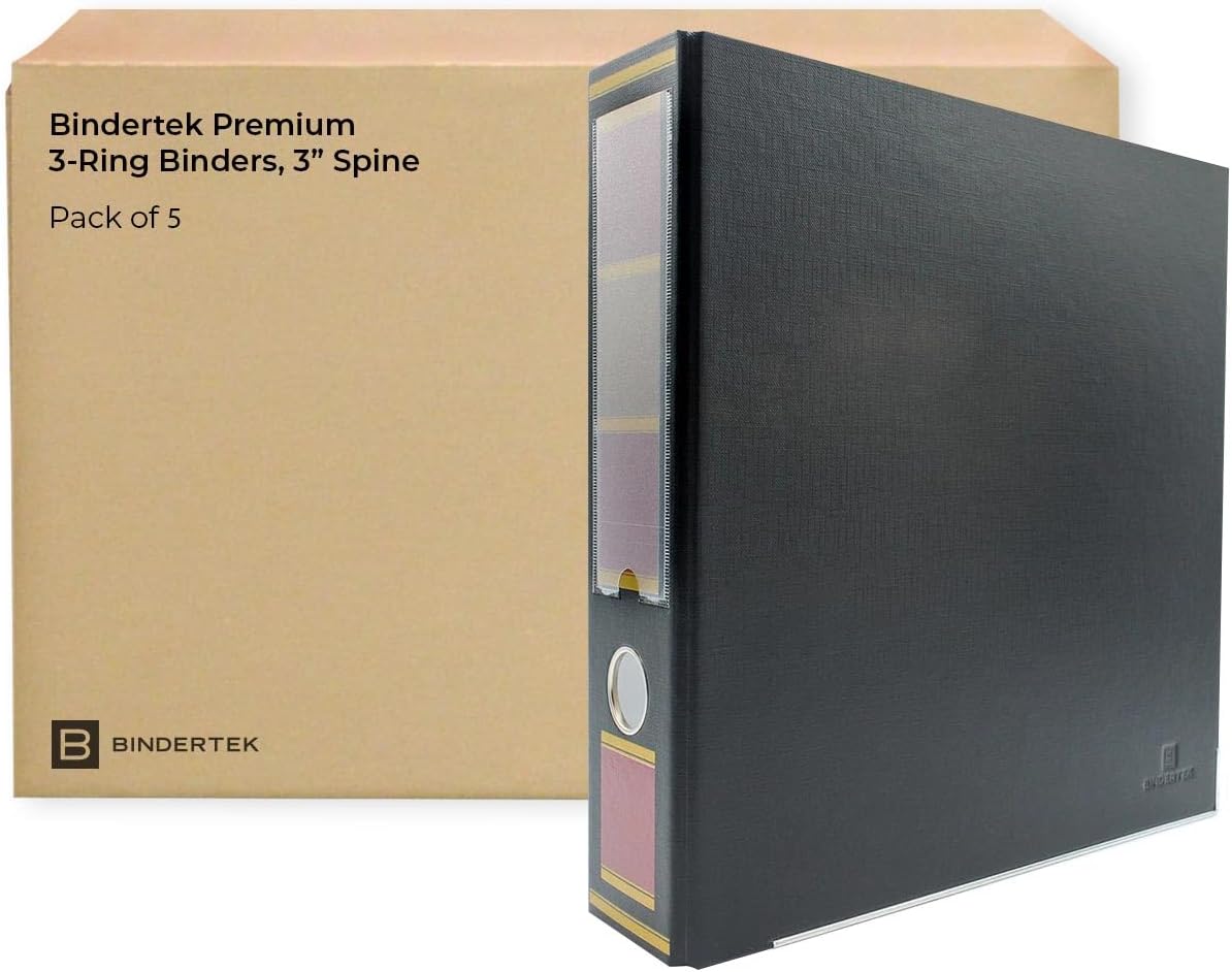 Bindertek 3-Ring Premium Binder, Pack of 5 - Barrister Black, 3' Spine Width, 525 Sheet Capacity, 2' D-Rings, Linen-Textured Covers, Steel Reinforced Edges, Spine Label Included