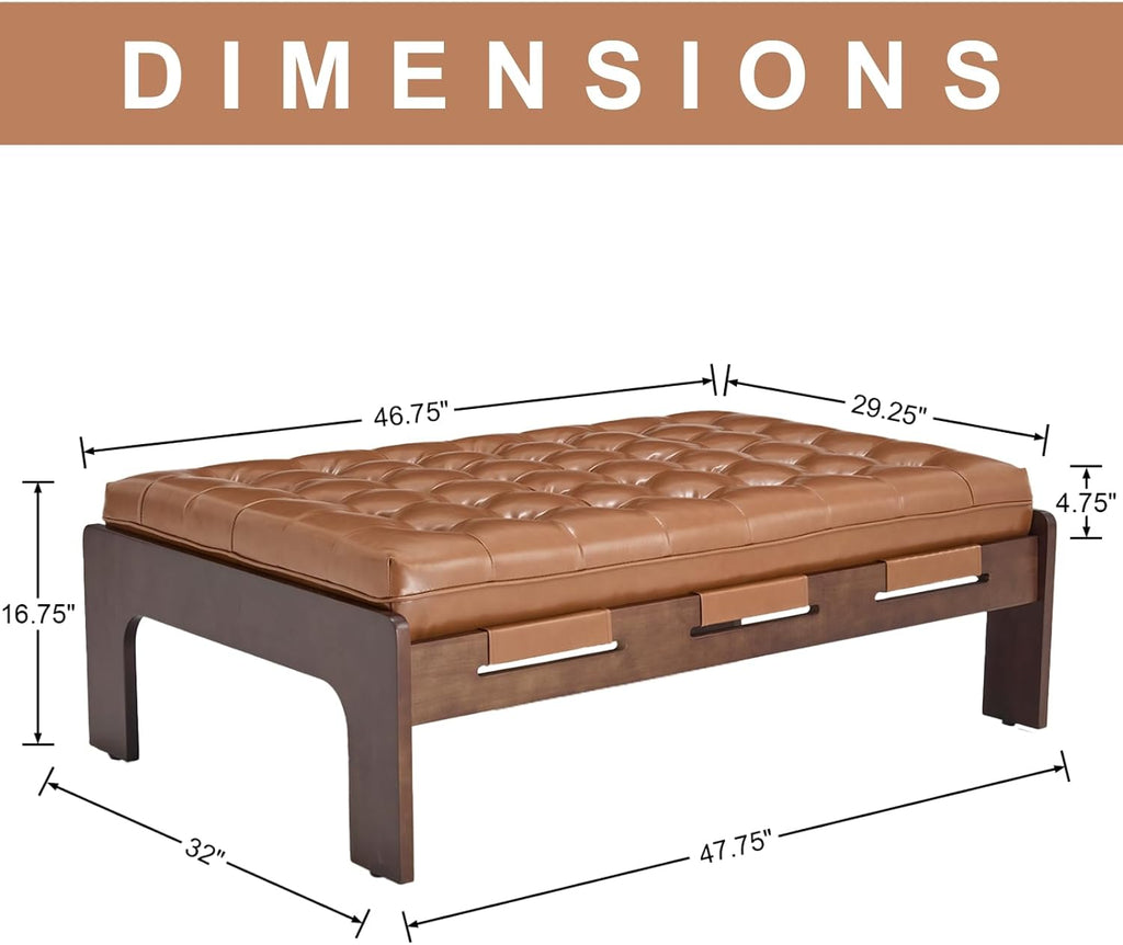 chairus 47.75' Large Rectangle Ottoman Coffee Table, Tufted Faux Leather Upholstered Living Room Coffee Table with Solid Wood Frame, Oversized Mid-Century Modern Footrest Ottoman, Brown PU