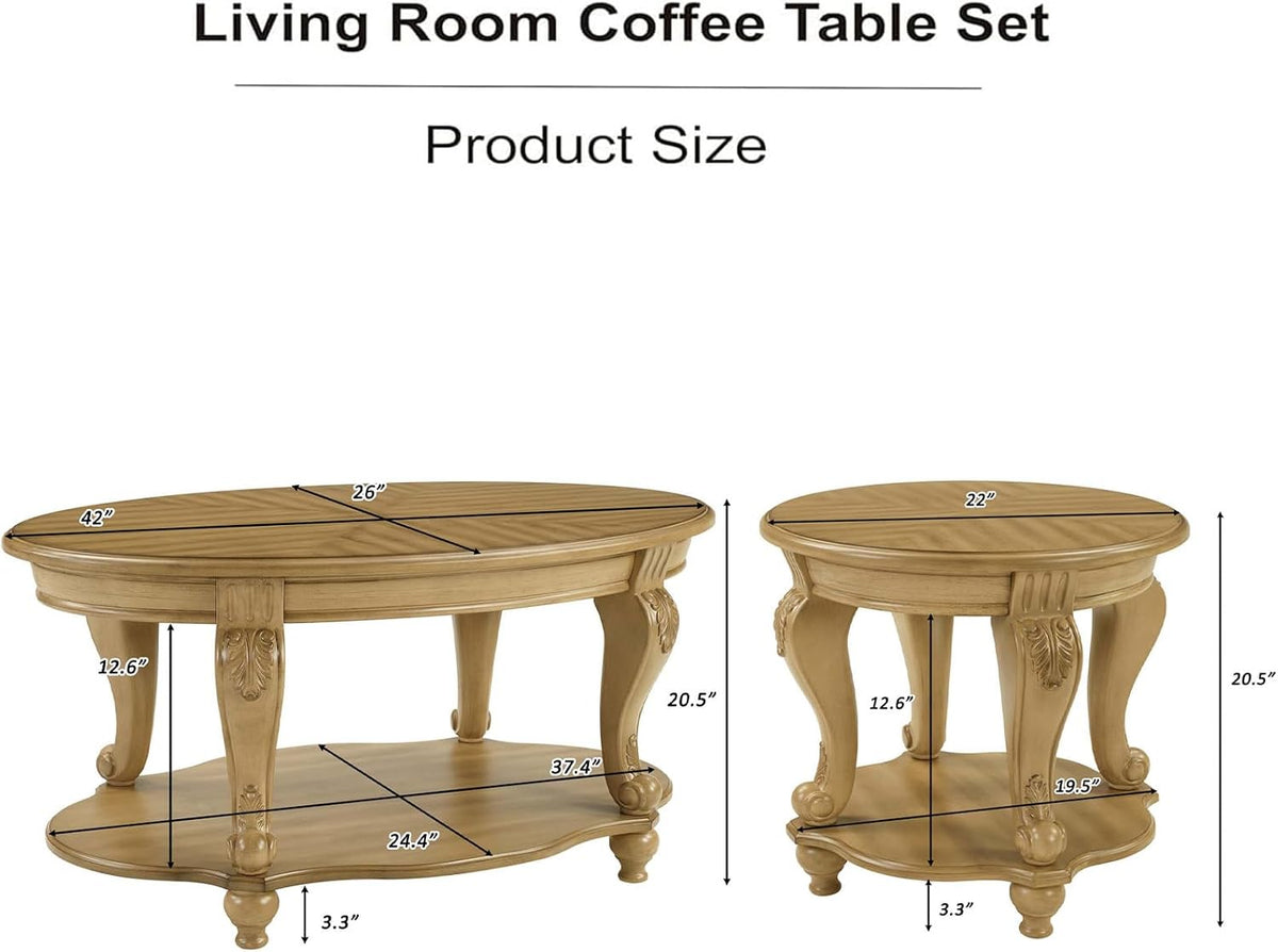 Solid Wood Coffee Table Set for Living Room, Coffee Table & 2 End Side Table 3-Piece Set with Open Storage for Office Apartment Natural