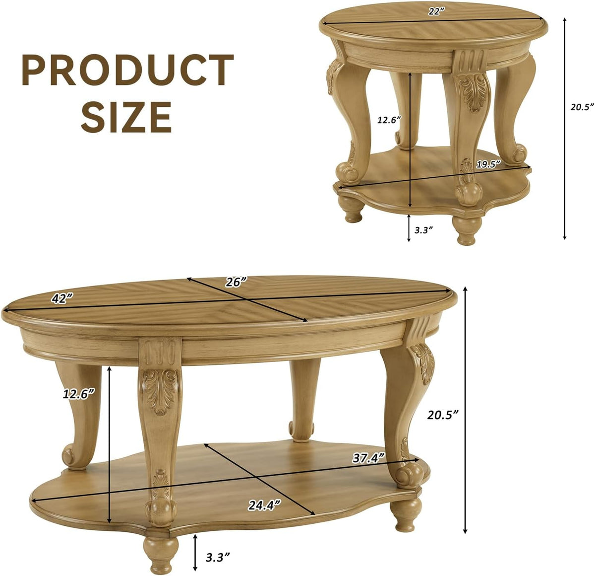Coffee Table and End Table Sets, Oval Wood Coffee Table and Round End Table Set of 2 for Living Room, Victorian Vintage Center Table Set of 3 for Office
