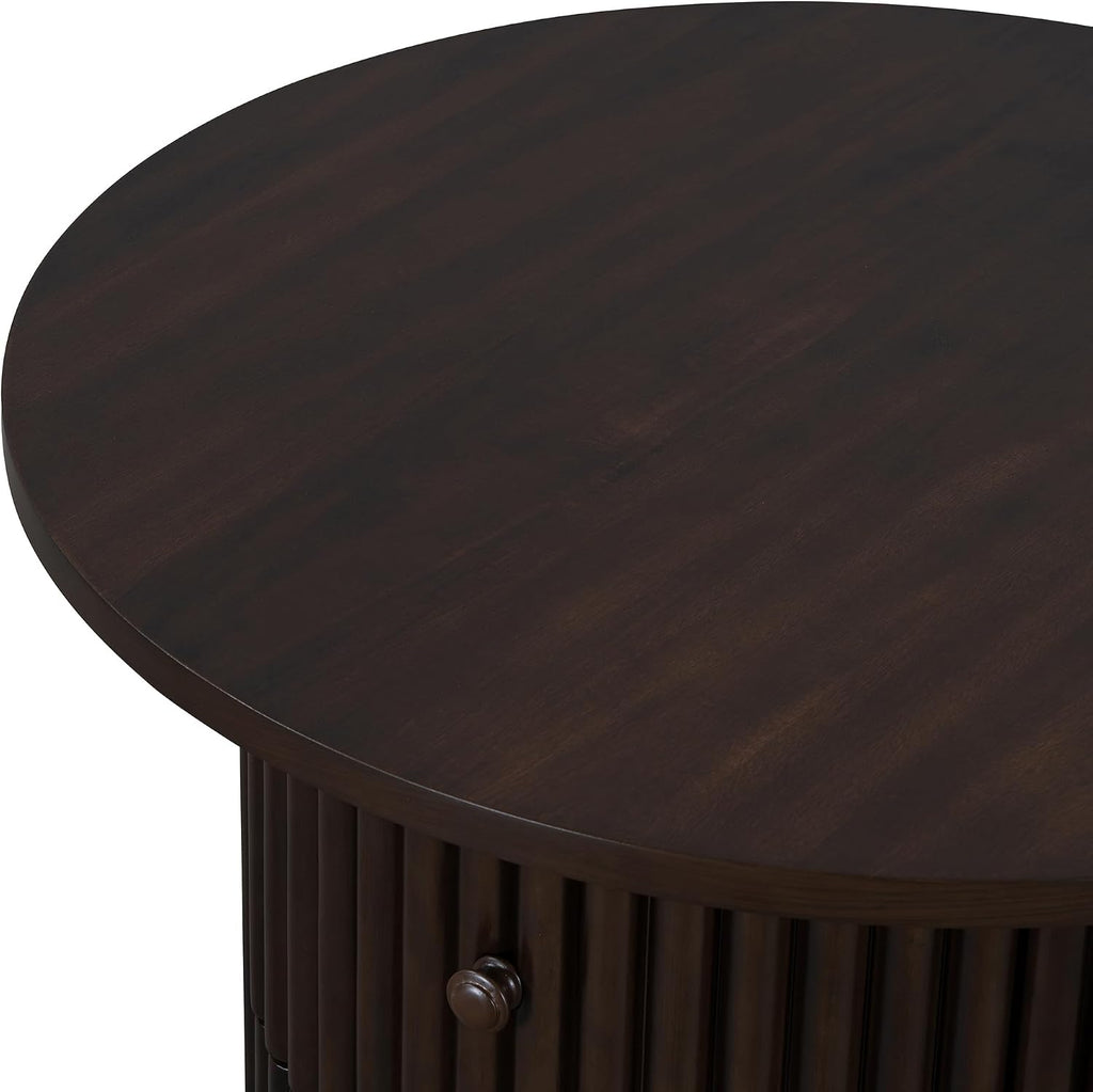 Round Coffee Table for Living Room in Dark Brown, Farmhouse Coffee Table with a Drawer, Center Table with Vertical Slat Base in 30.5'