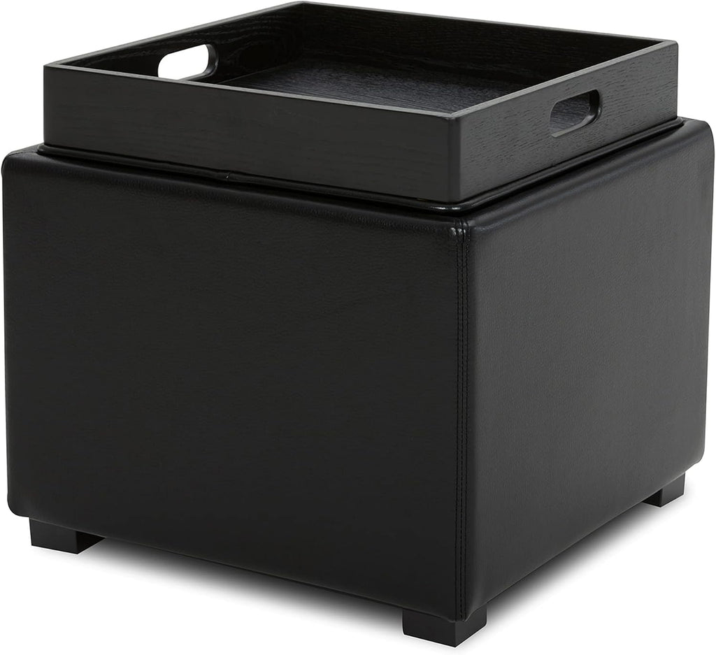 CHITA Storage Ottoman Cube with Tray Lid, Small Footstool with Storage, Square End Table for Living Room and Bedroom, Faux Leather in Black